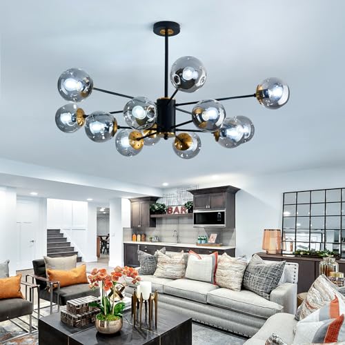 Image of 12 Light Chandelier Mid Century Glass Globe Sputnik Pendant Light Fixture Black Ceiling Light for Living Room Kitchen Dining Room Bedroom Farmhouse.