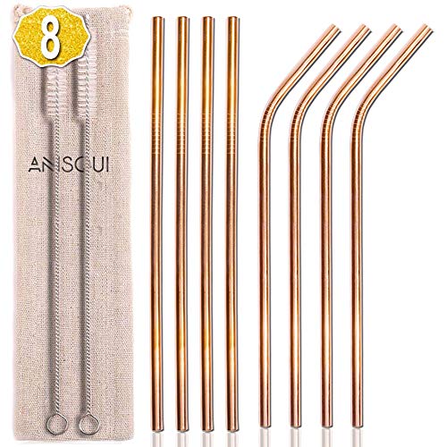 AniSqui 8-teilige Kupfer-Trinkhalme aus Edelstahl, Wiederverwendbare 8,5-Zoll-Trinkhalme aus Rotgold (4 gerade / 4 Gebogene / 2 B¨¹rsten)
