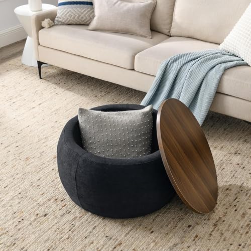 Image of Elegant Round Coffee Table with Wooden Top & Storage Ottoman | Modern Centre Tea Table for Living Room | Farmhouse Wood Drum Coffee Table Furniture for Home & Lounge | Black Finish