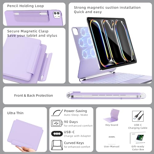 Image of RAYMCRAFT for iPad Pro 13-inch Case with Keyboard (M5 /M4, 2025 /2024), 11-Colors Backlight with Pencil Buckle, Stain-Resistant Surface, Magic Keyboard for iPad Pro 13-inch, Multi-Touch Trackpad, Purple