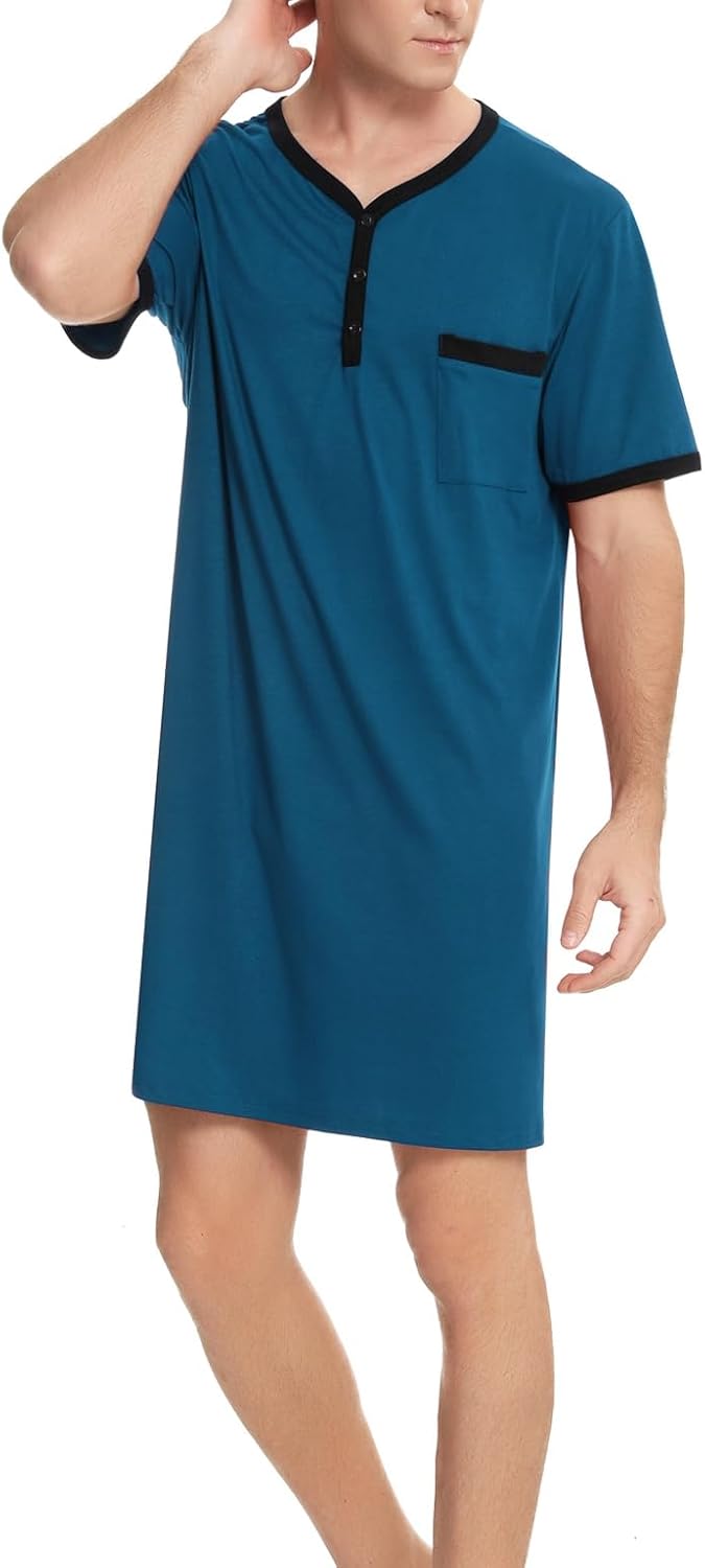 Men Short Sleeve Nightshirt Knee Length Nightgown Cotton Sleep Shirt Lounge Wear - Image 2