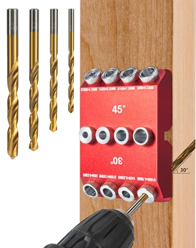 304590 Angle Drill Guide Jig for hand drill Portable angle drill guide block for straight or angled holes pocket-hole tool set with 4 bits for holes in railing handrails drill press decks