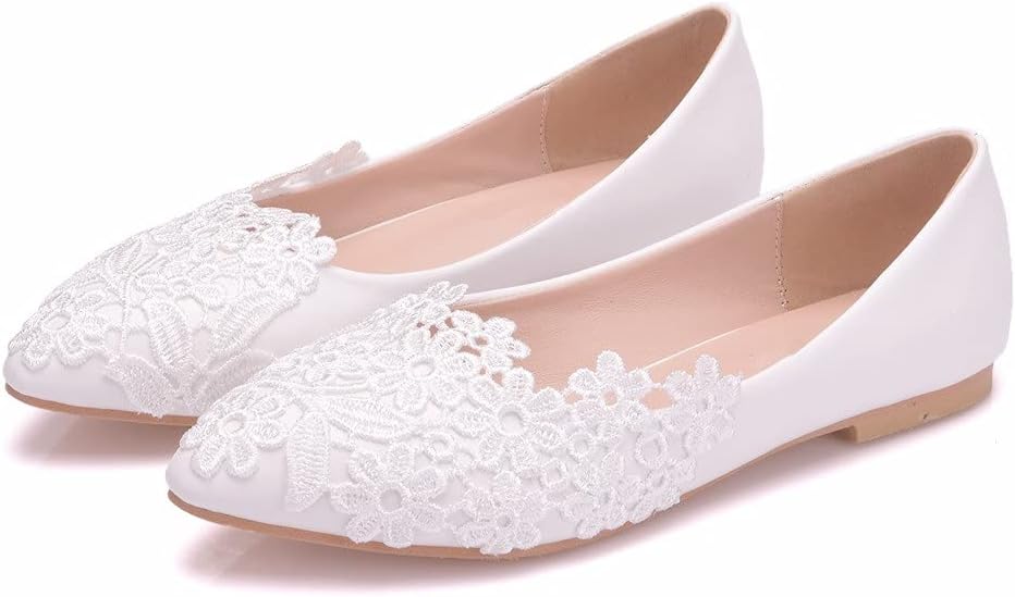Amaonz Women's Classic Elegant Flat Bottom Lace Wedding Bridal Shoes Leisure White Closed Pointed Toe Low Heel Shoes