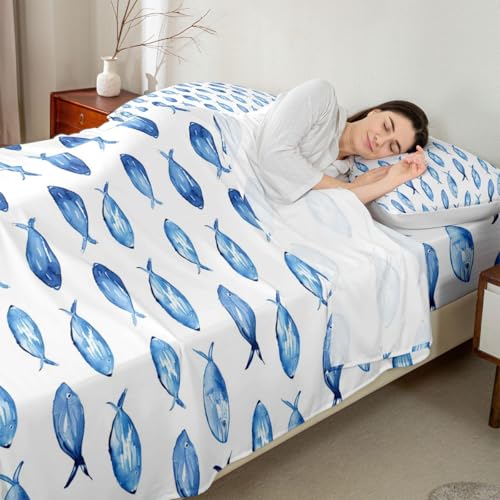 Image of jejeloiu Fish Bed Sheets Set Queen Size Summer Ocean Bed Set for Kids Boys Girls Abstract Stripe Deep Pocket Fitted Sheet Sea Animal Breathable Soft Lightweight Microfiber