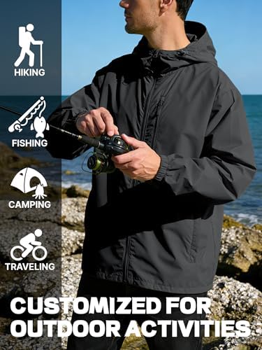 UIQUR Men's Cycling Jacket Rain Jacket Waterproof Windbreaker Raincoat Running Hiking Gear Hood Lightweight Packable Black L - 5