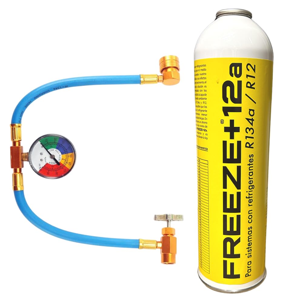 Envase Freeze +12A + manómetro de carga facil Gas Refrigerante Orgánico Ecológico, compatible con R134A R12, Envase Desechable 1000ml, peso NETO 420g para sistemas de aire acondicionado de automóviles