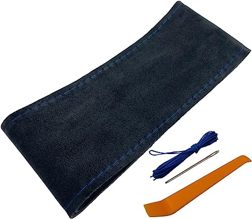 ハンドルカバー 編み込み式 スエード 人工革 ステアリングカバー Sサイズ Mサイズ (黒生地 青糸 Sサイズ)