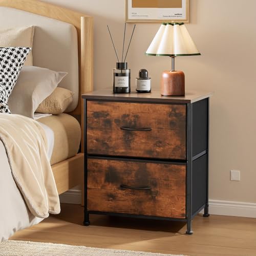 Nightstand, Small 2 Drawer Dresser End Table Bedside Furniture, Wooden Top Fabric Bins for Bedroom, Closet, Entryway, Dorm, 11.8\" D x 18\" W x 20\", Brown