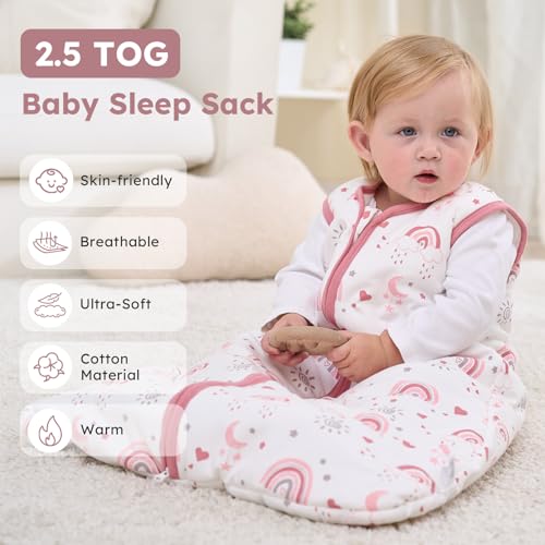 Image of Baby Sleep Sack 12-18 Months, 2.5 TOG Cotton Winter Baby Wearable Blanket with 2-Way Zipper, Warm Soft Sleeping Bag for Toddler Boy Girl, Large Rainbow