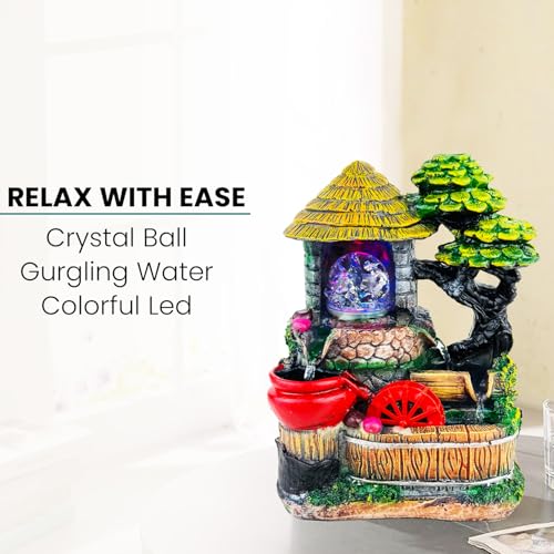 Image of Go Hooked Polyresin Waterfall Fountain with LED Lights & Adjustable Speed Control for Living Room, Bedroom & Office | Tabletop Showpiece Water Fountain | Stress Relief & Positive Energy Decor GH-F319
