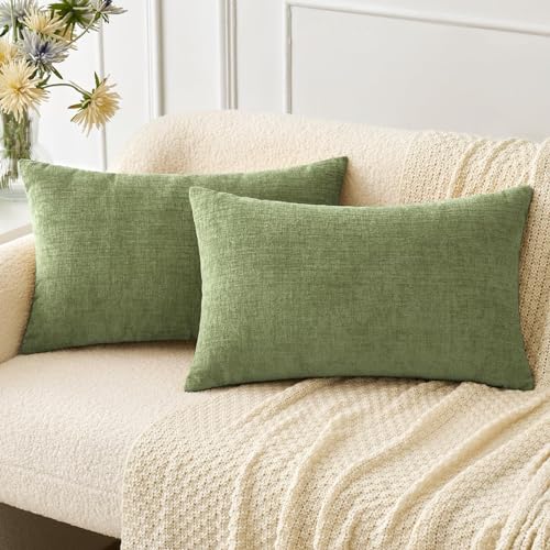 Image of MIULEE Pack of 2 Couch Throw Pillow Covers 12x20 Inch Spring Soft Sage Green Chenille Lumbar Pillow Covers for Sofa Living Room Solid Dyed Cases