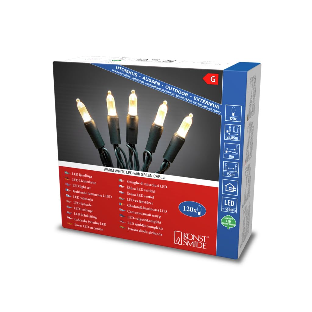 Konstsmide LED Minilichterkette, 120 warm weiße Dioden, 24V Außentrafo, grünes Kabel