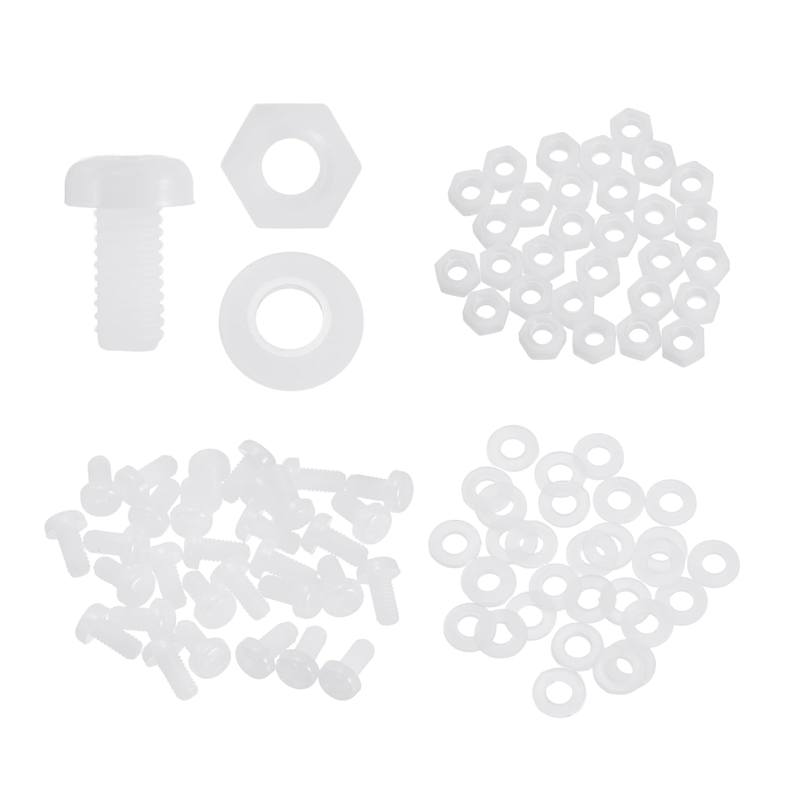 sourcing map 30 Set M4x8mm Nylon PA66 Plastic Cross Round Head Screw Phillips Bolts Hex Nuts Flat Washers Assortment Kit, Metric Full Thread Bolt Fasteners for DIY Machine Assembly, White