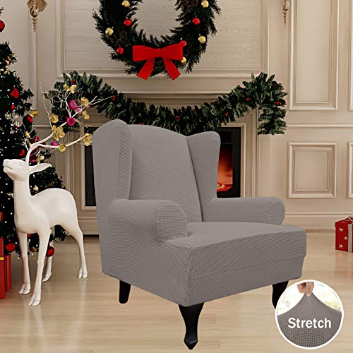 Image of Easy-Going Stretch Large Wingback Chair Sofa Slipcover Taupe | 1-Piece Sofa Cover Furniture Protector Couch Soft with Elastic Bottom, Spandex Jacquard Fabric Small Checks