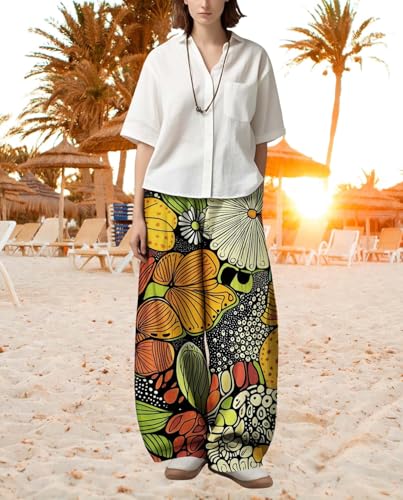 Womens Boho Floral Printed Pants Elastic Waist Wide Leg Casual Trousers Loose Fit Pant with Pockets for 2025 Summer4