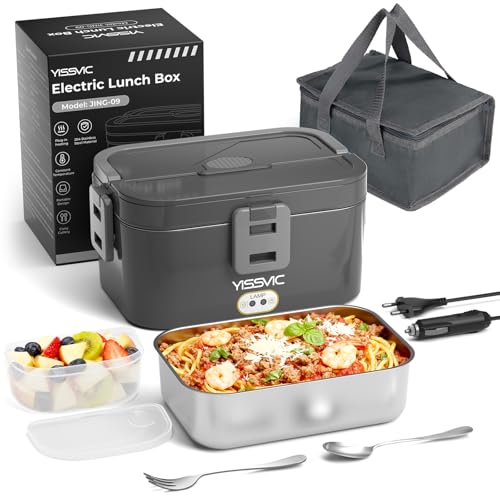 YISSVIC Scaldavivande Elettrico Portatile 1.8L 80W con Borsa Termica 4 in 1 (12V/24V/220V-240V), Acciaio Inox Riscaldamento Rapido, Forchetta e Cucchiaio Inclusi, Ideale per Auto, Ufficio, Viaggi