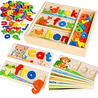 Wooden See & Spell Learning Toys for 2 3 4 5 Year Old Kids, Preschool Learning Activities Alphabet Flash Cards, Educational Match Letter Game Board, CVC Word Builder Montessori Toys Gifts for Boy Girl