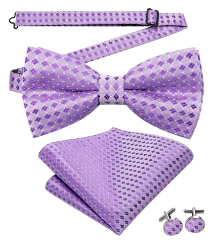 Image of Hi-Tie 5Pcs Mens Solid Color Silk Tie Satin Pretied Bowtie Lapel Pin for Men Handkerchief Cufflink Wedding Gift Box