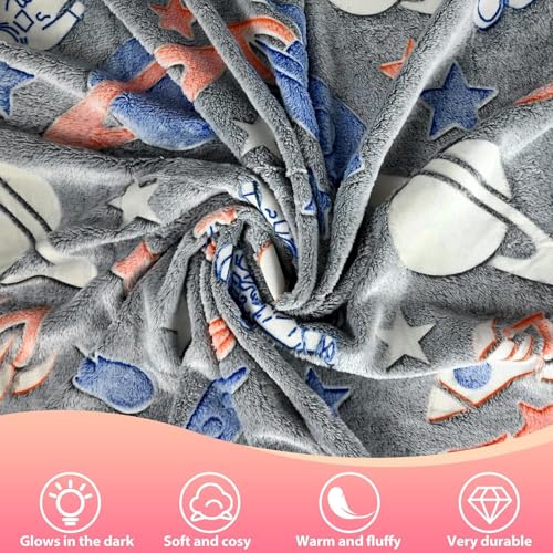 Image of TONY STARK ULTRAAGLOW Glow in The Dark Blanket for Kids (0-15 Years, 200x152 Cm) Soft Flannel Fleece Throw, Cozy & Warm All-Season Radium Blanket, for Boys & Girls (Grey Space Adventure)