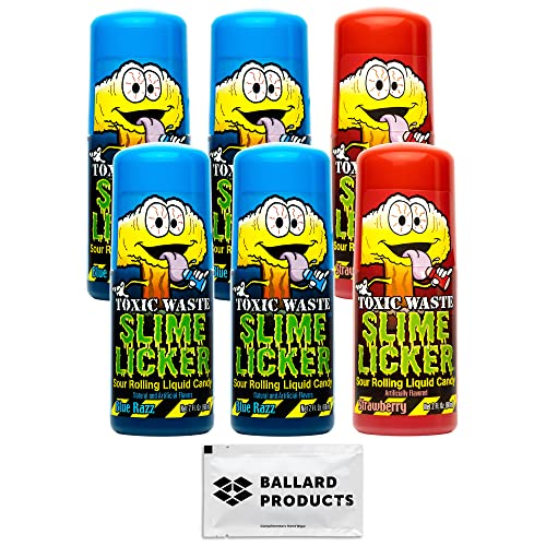 Toxic Waste Slime Licker Variety Pack Of 6 - 2 Flavors Of Sour Slime Lickers Candy - 4 Tubes Of Blue Razz And 2 Tubes Of Strawberry - Bundle With Ballard Products Towelette #TOP16