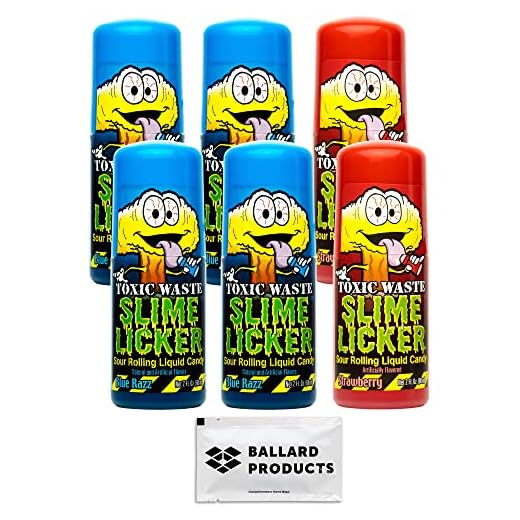 Toxic Waste Slime Licker Variety Pack of 6-2 Flavors of Sour Slime Lickers Candy - 4 Tubes of Blue Razz and 2 Tubes of Strawberry - Bundle with Ballard Products Towelette