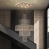 7PM Foyer Chandeliers Entryway High Ceiling, 12-Light Square Raindrop Crystal Chandeliers, Flush Mount Ceiling Light Fixtures, Dimmable, Adjustable Color Temperature, Modern Chandeliers for Staircase