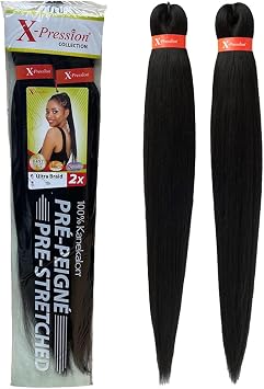Xpression Pre-Stretched Braiding Hair - 100% Kanekalon, Itch-Free, Lightweight, Hot Water Set, 46" - 160g. XP_PS_1B