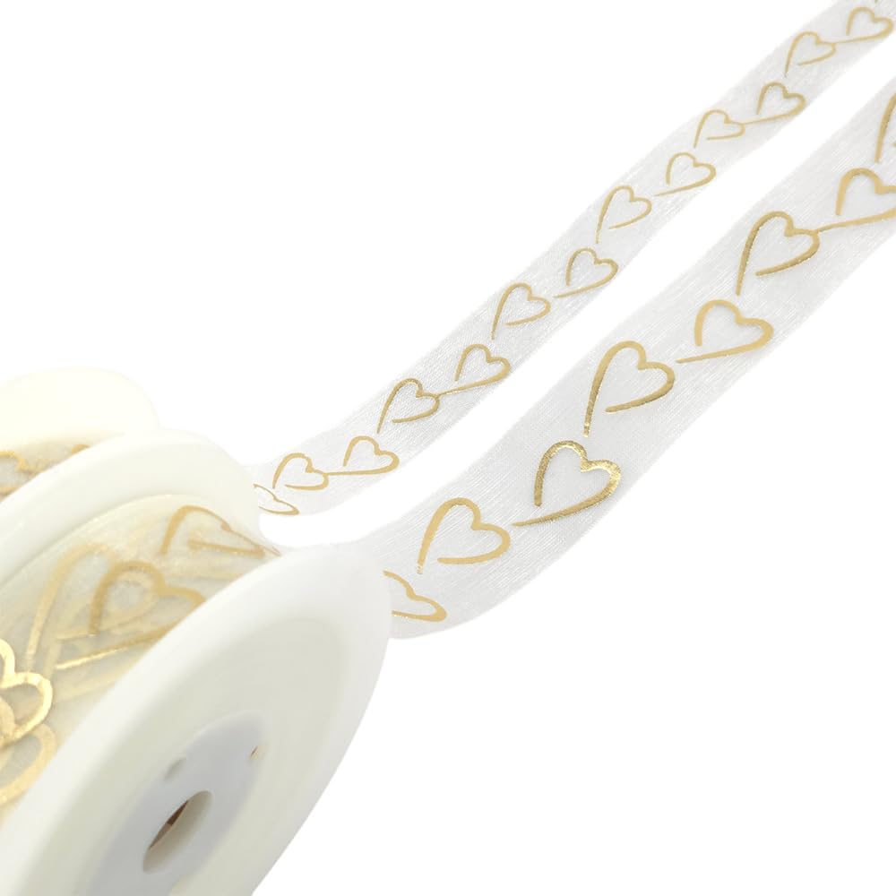Crafty Capers 15Mm Ivory/Gold Hearts On Ivory Organza Ribbon | 15Mm Wide | 20M Reel