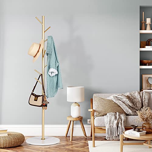 Zozoe Coat Rack, Metal Coat Rack Freestanding Satin Steel With Heavy Stable Marble Base, Gold Coat Rack Stand 67’’ With 8 Hooks For Hanging Clothes, Bags, Hats, Accessories #TOP7