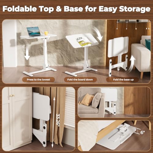 Image of JOY worker Foldable Overbed Bedside Table, 180 Tiltable Mobile Standing Desk with Wheels, 31.5 inch Pneumatic Height Adjustable Rolling Laptop Desk for Home & Hospital Use, Easy Storage, White