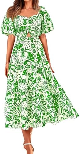 BTFBM Women's Clothing Summer Dresses 2025 Beach Vacation Square Neck Short Sleeve Smocked Back Boho Casual Floral Maxi Dress