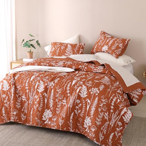 JANZAA Quilts Queen Size Floral Bed Spread Terracotta Quilts Queen Size with Botanical Pattern Burnt Orange Microfiber Bedding Set Lightweight Farmhouse (2 Pillow Cases)