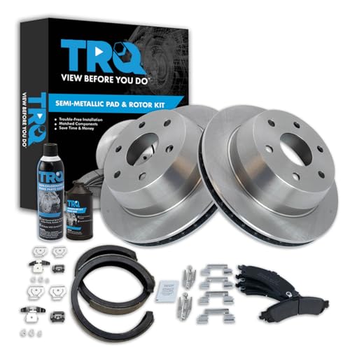 Image of TRQ Rear Brake Pad & Rotor Kit Semi-Metallic Compatible with 02-06 Avalanche 1500 Escalade 03-06, ESV, EXT Sierra 1500 Silverado 1500 00-06 Suburban 1500 Tahoe Yukon Yukon XL 1500