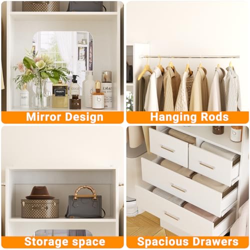 Unikito Closet Systems, 6-14FT Walk in Closet Organizer with 8 Drawers and Mirror, 168" Large Wood Closets Insert with Tower, Sturdy Wardrobe Closets Garment Rack with Extendable Hanging Rods, White - Image 5
