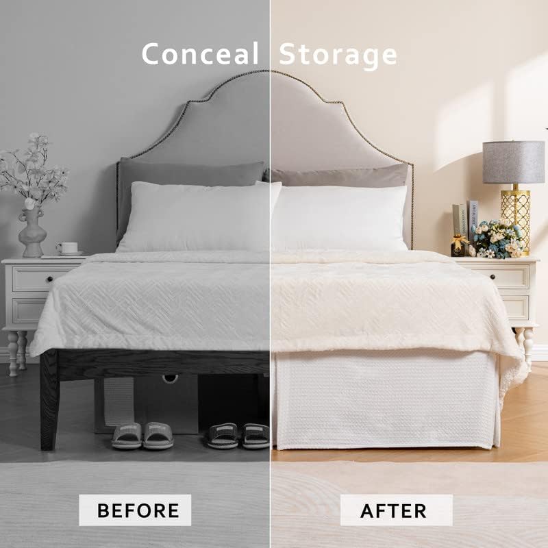 Image of MIYE Pleated Waffle Weave Bed Skirt, Tailored Dust Ruffle 18 Inch Drop Easy Fit, Machine Washable (White, King - 18 inch Drop)