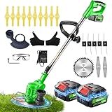 Electric Weed Wacker Cordless, 21V Battery Powered Weed Wacker Eater with Wheels and 2pcs 4.0ah Batteries, 4 Types Blades,4 in 1 String Grass Trimmer/Edger/Brush Cutter for Lawn Yard Garden