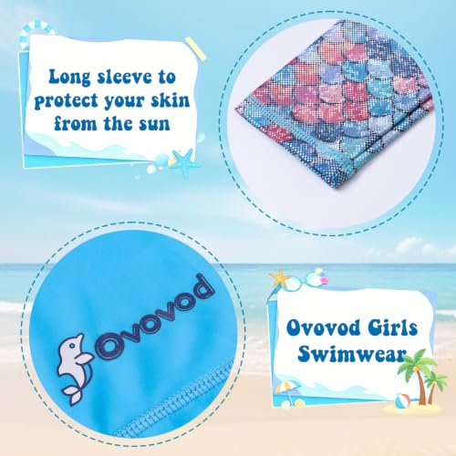 Image of Girls Swimsuit Two Piece Rash Guard Set for 4-14 Years UPF 50+ UV Protective Long Sleeve Swimwear