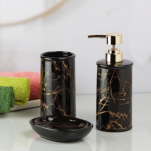 Image of Kookee Ceramic Bathroom Set - Stylish 3 Piece Bath Accessories Kit with Liquid Handwash Soap Dispenser, Toothbrush Holder & Soap Dish - Modern & Designer Decor,Black /Gold (9728)