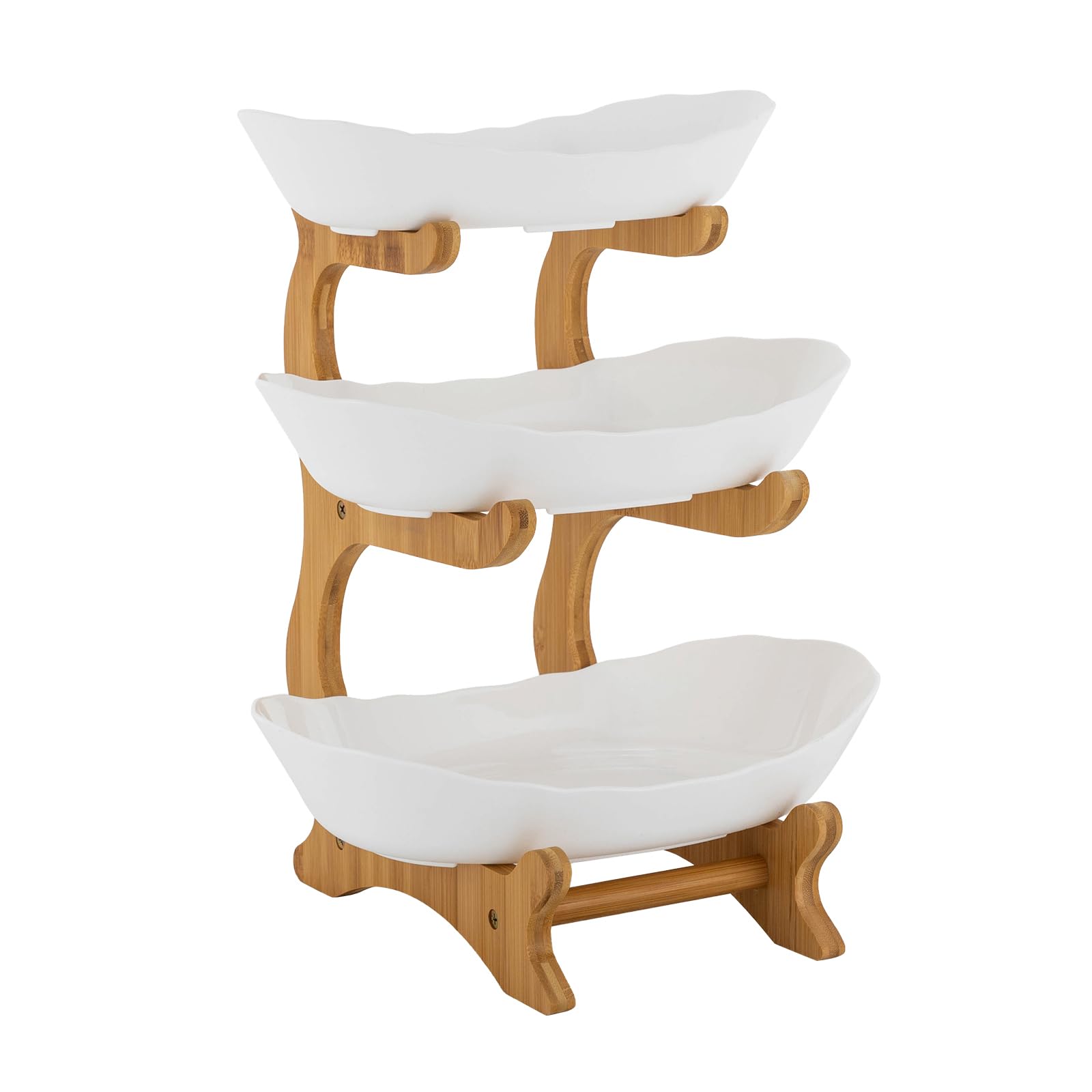 WooDerson Fruit Basket 3-Tier Serving Bowls with Bamboo Wood Stand, Countertop Fruit Basket Serving Tray Rack for Kitchen Counter, Fruit, Cakes, Sweets (Wood, White)