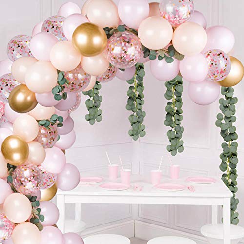 Pink Balloon Garland with Artificial Greenery Garland Pink Gold Balloon Arch Kit with Artificial Greenery for Baby Shower Wedding Party Decorations