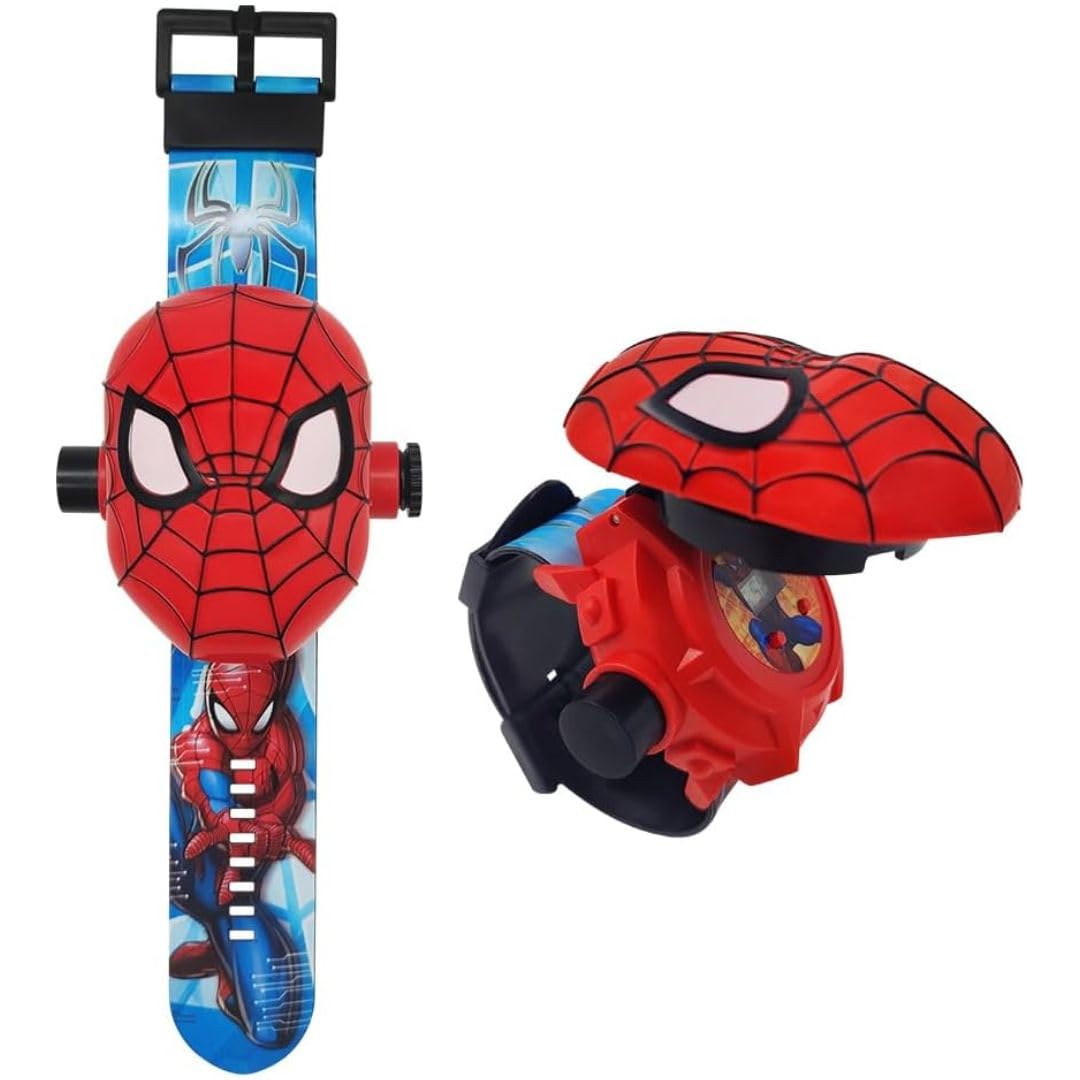 Spiderman 24 Superhero Figurines Projector Watch, Spider-Man Boy’s Electronic Watch, Spiderman Projection Toys, Red
