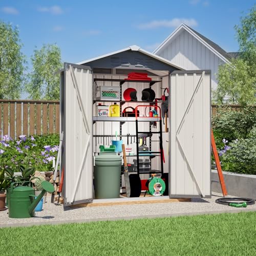 KOMHTOM 5 x 3 FT - Cobertizo de jardín de metal con base de metal, cabaña de jardín al aire libre con cerradura, almacenamiento de herramientas de Jardi (gris-5 x 3 FT)