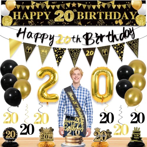 Image of 20th Birthday Decorations for Men, Black Gold 20th Party Decoration Kits | 27pcs Happy 20th Birthday Set, Banner, Honeycomb, Balloons, Gold Number, Candle, Hanging Swirls, Cake Topper, Party Supplies