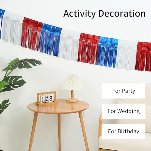 Image of 4 Packs 10 Feet Long Foil Fringe 4th of July Garland Memorial Day USA Red White Blue Independence Day Tinsel Metallic Patriotic Wall Hanging Banner for Car Parade Floats Garden Decorations
