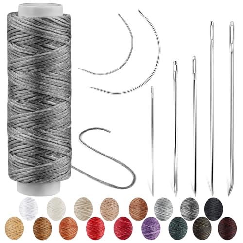 Ftyiwu Waxed Thread Upholstery Needle and Thread 32 Yards with 7PCS Hand Sewing Needles for Home Upholstery Carpet Canvas Repair Leather Sewing (Dark Gray)