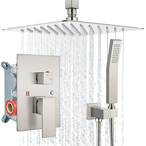 Aolemi Ceiling Mount Brushed Nickel 12 Inch Shower System Rain Luxury High Pressure Shower Combo Set Bathroom Shower Head with Handheld Spray Rough-in Valve and Shower Trim Included