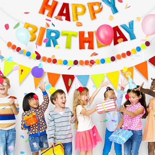 Image of CANREVEL Pre-Strung 3D Happy Birthday Banner, 3 PCS Blue Felt Garland, Pom Pom Garland, Triangle Fabric Bunting, Reusable Blue Birthday Decorations for Boys Men, Blue Orange