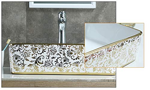 Image of InArt Designer Ceramic Wash Basin /Vessel Sink /Over or Above Counter Top Wash Basin for Bathroom Rectangle Shape Golden White 19 x 14 x 5 Inch