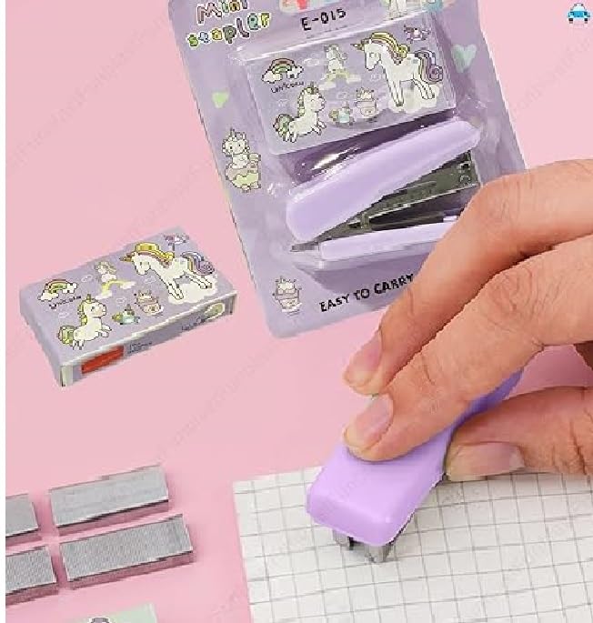 Image of Eclet Mini Stapler Set with Refill Pins, Portable Purple Stationery Kit for Kids, Compact Desktop Stapler for School Office Homework Paper Binding Use