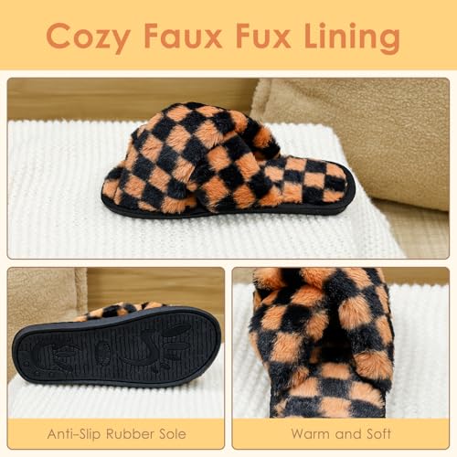 Women's Fuzzy Checkered Slippers, Fluffy Cross Band Open Toe Non-Slip Rubber Sole House Bedroom Shoes3
